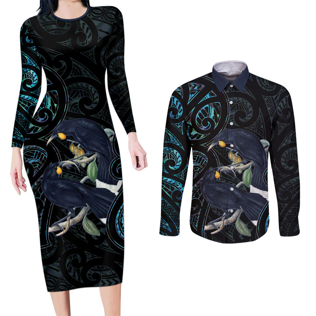 New Zealand Huia Bird Couples Matching Long Sleeve Bodycon Dress and Long Sleeve Button Shirt Paua Shell Maori Pattern LT22 Black - Polynesian Pride