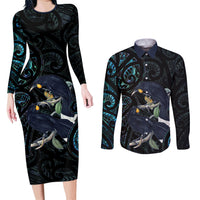 New Zealand Huia Bird Couples Matching Long Sleeve Bodycon Dress and Long Sleeve Button Shirt Paua Shell Maori Pattern LT22 Black - Polynesian Pride