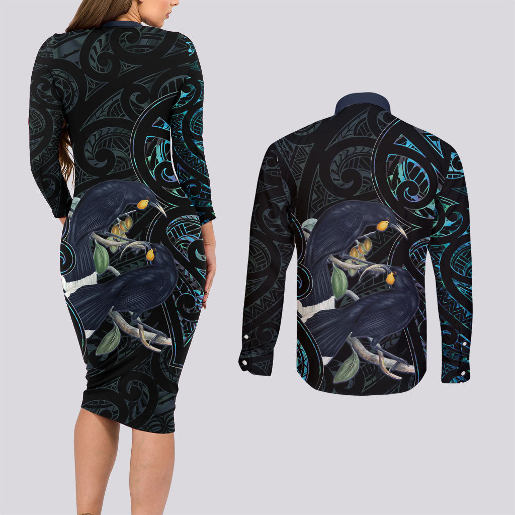 New Zealand Huia Bird Couples Matching Long Sleeve Bodycon Dress and Long Sleeve Button Shirt Paua Shell Maori Pattern LT22 - Polynesian Pride