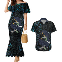 New Zealand Huia Bird Couples Matching Mermaid Dress and Hawaiian Shirt Paua Shell Maori Pattern LT22 Black - Polynesian Pride