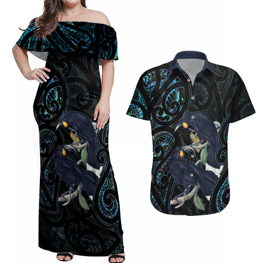 New Zealand Huia Bird Couples Matching Off Shoulder Maxi Dress and Hawaiian Shirt Paua Shell Maori Pattern LT22 Black - Polynesian Pride
