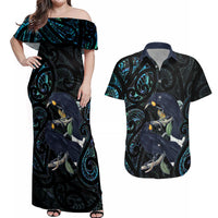 New Zealand Huia Bird Couples Matching Off Shoulder Maxi Dress and Hawaiian Shirt Paua Shell Maori Pattern LT22 Black - Polynesian Pride