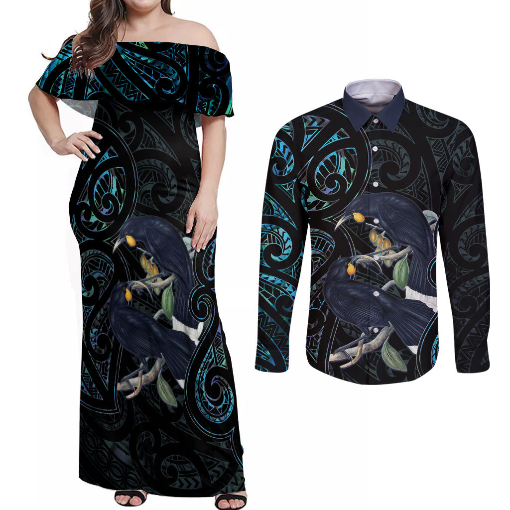 New Zealand Huia Bird Couples Matching Off Shoulder Maxi Dress and Long Sleeve Button Shirt Paua Shell Maori Pattern LT22 Black - Polynesian Pride