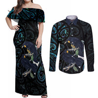 New Zealand Huia Bird Couples Matching Off Shoulder Maxi Dress and Long Sleeve Button Shirt Paua Shell Maori Pattern LT22 Black - Polynesian Pride