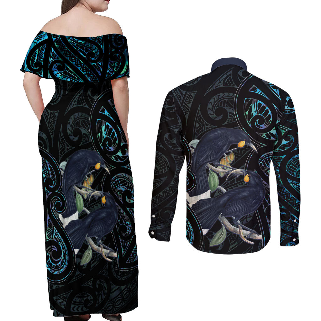 New Zealand Huia Bird Couples Matching Off Shoulder Maxi Dress and Long Sleeve Button Shirt Paua Shell Maori Pattern LT22 - Polynesian Pride