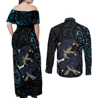 New Zealand Huia Bird Couples Matching Off Shoulder Maxi Dress and Long Sleeve Button Shirt Paua Shell Maori Pattern LT22 - Polynesian Pride