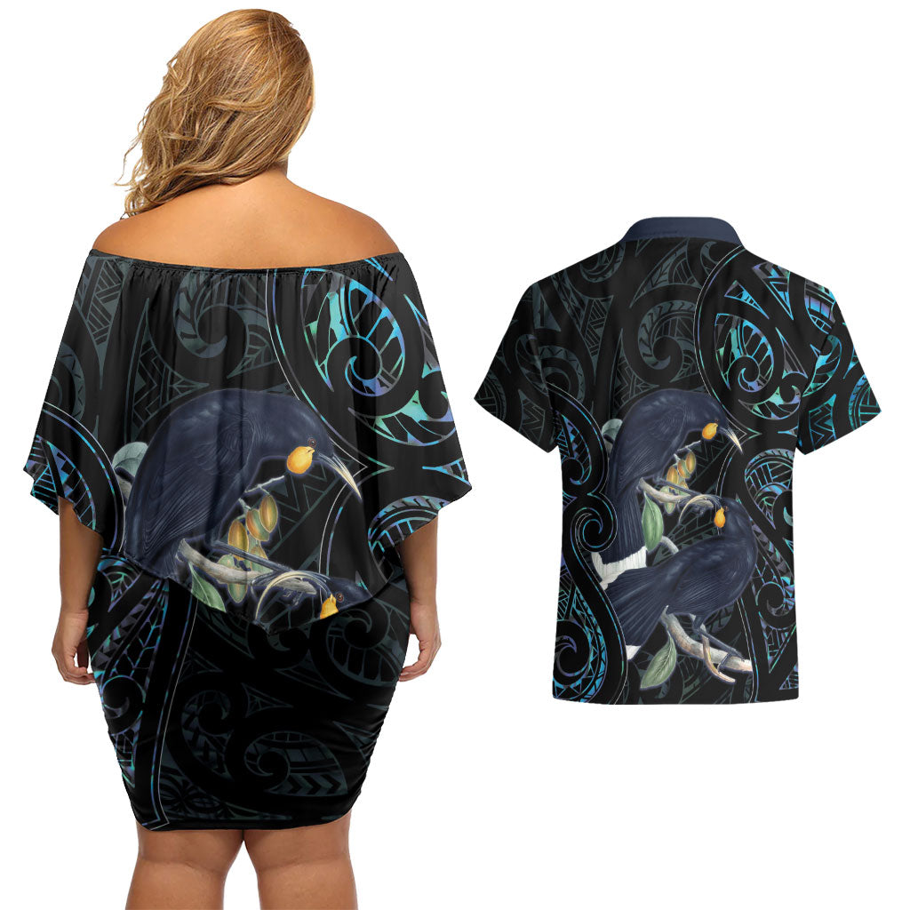 New Zealand Huia Bird Couples Matching Off Shoulder Short Dress and Hawaiian Shirt Paua Shell Maori Pattern LT22 - Polynesian Pride