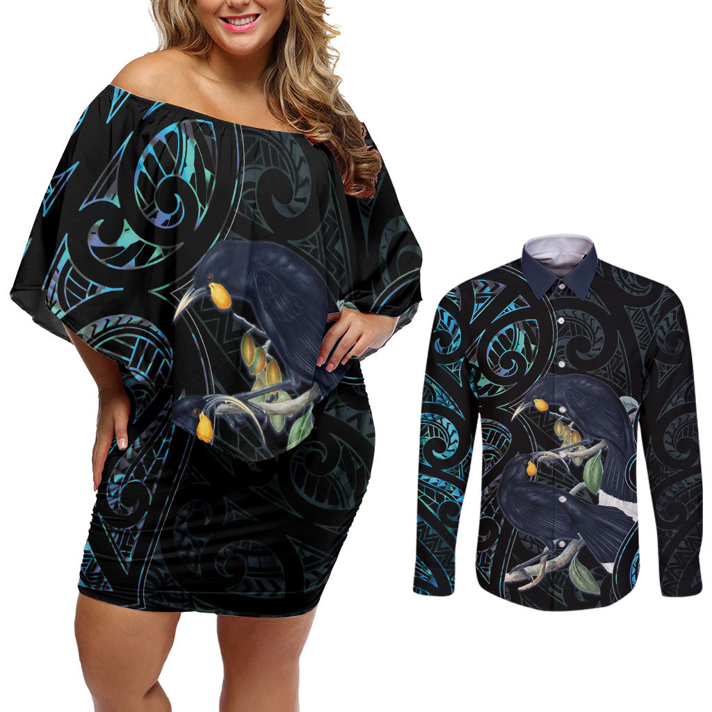 New Zealand Huia Bird Couples Matching Off Shoulder Short Dress and Long Sleeve Button Shirt Paua Shell Maori Pattern LT22 Black - Polynesian Pride