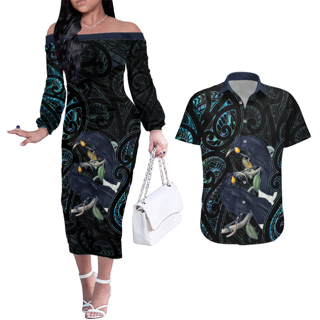 New Zealand Huia Bird Couples Matching Off The Shoulder Long Sleeve Dress and Hawaiian Shirt Paua Shell Maori Pattern LT22 Black - Polynesian Pride