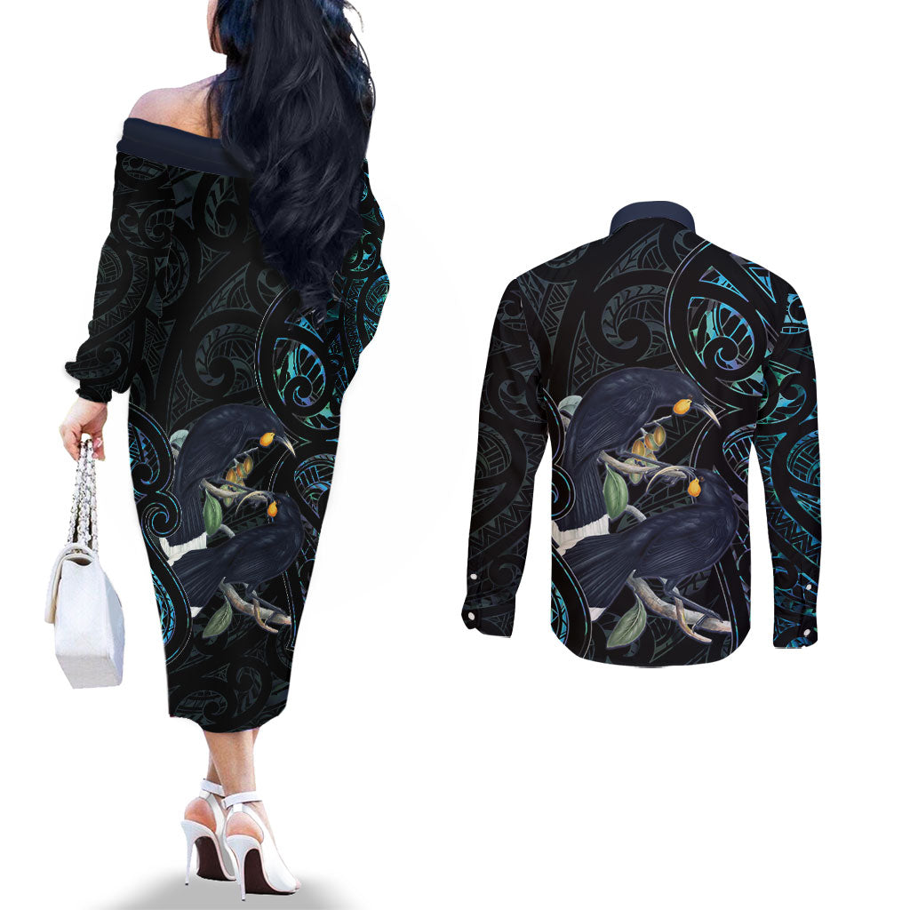 New Zealand Huia Bird Couples Matching Off The Shoulder Long Sleeve Dress and Long Sleeve Button Shirt Paua Shell Maori Pattern LT22 - Polynesian Pride