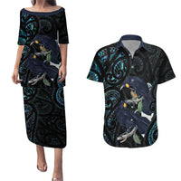 New Zealand Huia Bird Couples Matching Puletasi and Hawaiian Shirt Paua Shell Maori Pattern LT22 Black - Polynesian Pride