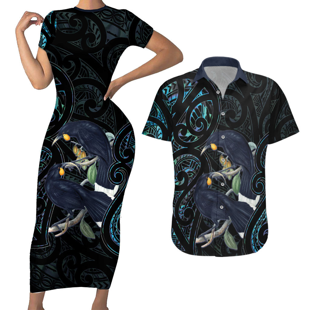 New Zealand Huia Bird Couples Matching Short Sleeve Bodycon Dress and Hawaiian Shirt Paua Shell Maori Pattern LT22 Black - Polynesian Pride