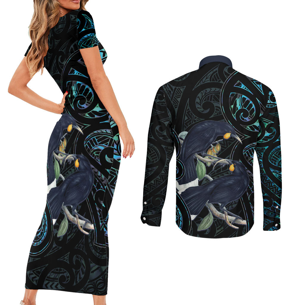 New Zealand Huia Bird Couples Matching Short Sleeve Bodycon Dress and Long Sleeve Button Shirt Paua Shell Maori Pattern LT22 - Polynesian Pride