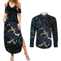 New Zealand Huia Bird Couples Matching Summer Maxi Dress and Long Sleeve Button Shirt Paua Shell Maori Pattern LT22 Black - Polynesian Pride