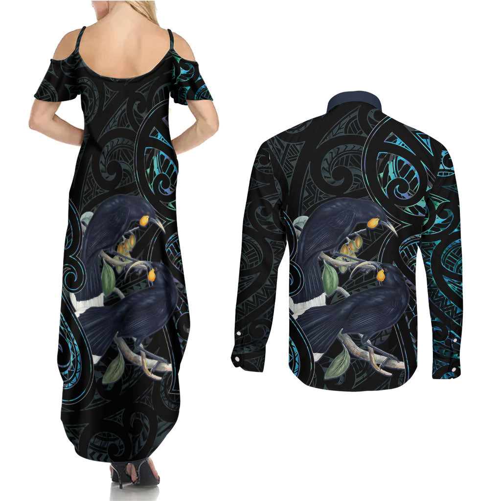 New Zealand Huia Bird Couples Matching Summer Maxi Dress and Long Sleeve Button Shirt Paua Shell Maori Pattern LT22 - Polynesian Pride