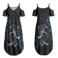New Zealand Huia Bird Couples Matching Summer Maxi Dress and Long Sleeve Button Shirt Paua Shell Maori Pattern LT22 - Polynesian Pride