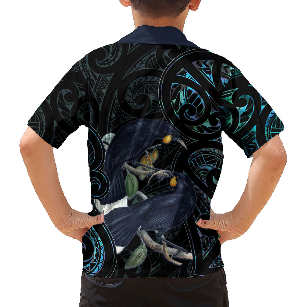 New Zealand Huia Bird Family Matching Long Sleeve Bodycon Dress and Hawaiian Shirt Paua Shell Maori Pattern LT22 - Polynesian Pride