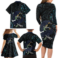 New Zealand Huia Bird Family Matching Long Sleeve Bodycon Dress and Hawaiian Shirt Paua Shell Maori Pattern LT22 - Polynesian Pride