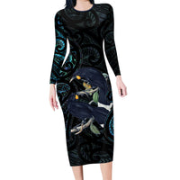 New Zealand Huia Bird Family Matching Long Sleeve Bodycon Dress and Hawaiian Shirt Paua Shell Maori Pattern LT22 Mom's Dress Black - Polynesian Pride