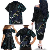 New Zealand Huia Bird Family Matching Off The Shoulder Long Sleeve Dress and Hawaiian Shirt Paua Shell Maori Pattern LT22 - Polynesian Pride