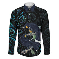 New Zealand Huia Bird Family Matching Off Shoulder Maxi Dress and Hawaiian Shirt Paua Shell Maori Pattern LT22 Dad's Shirt - Long Sleeve Black - Polynesian Pride