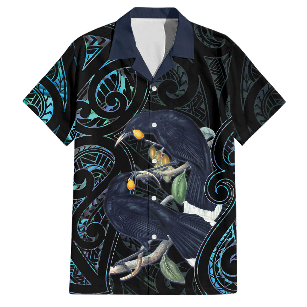New Zealand Huia Bird Family Matching Puletasi and Hawaiian Shirt Paua Shell Maori Pattern LT22 Dad's Shirt - Short Sleeve Black - Polynesian Pride