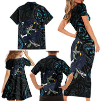 New Zealand Huia Bird Family Matching Short Sleeve Bodycon Dress and Hawaiian Shirt Paua Shell Maori Pattern LT22 - Polynesian Pride