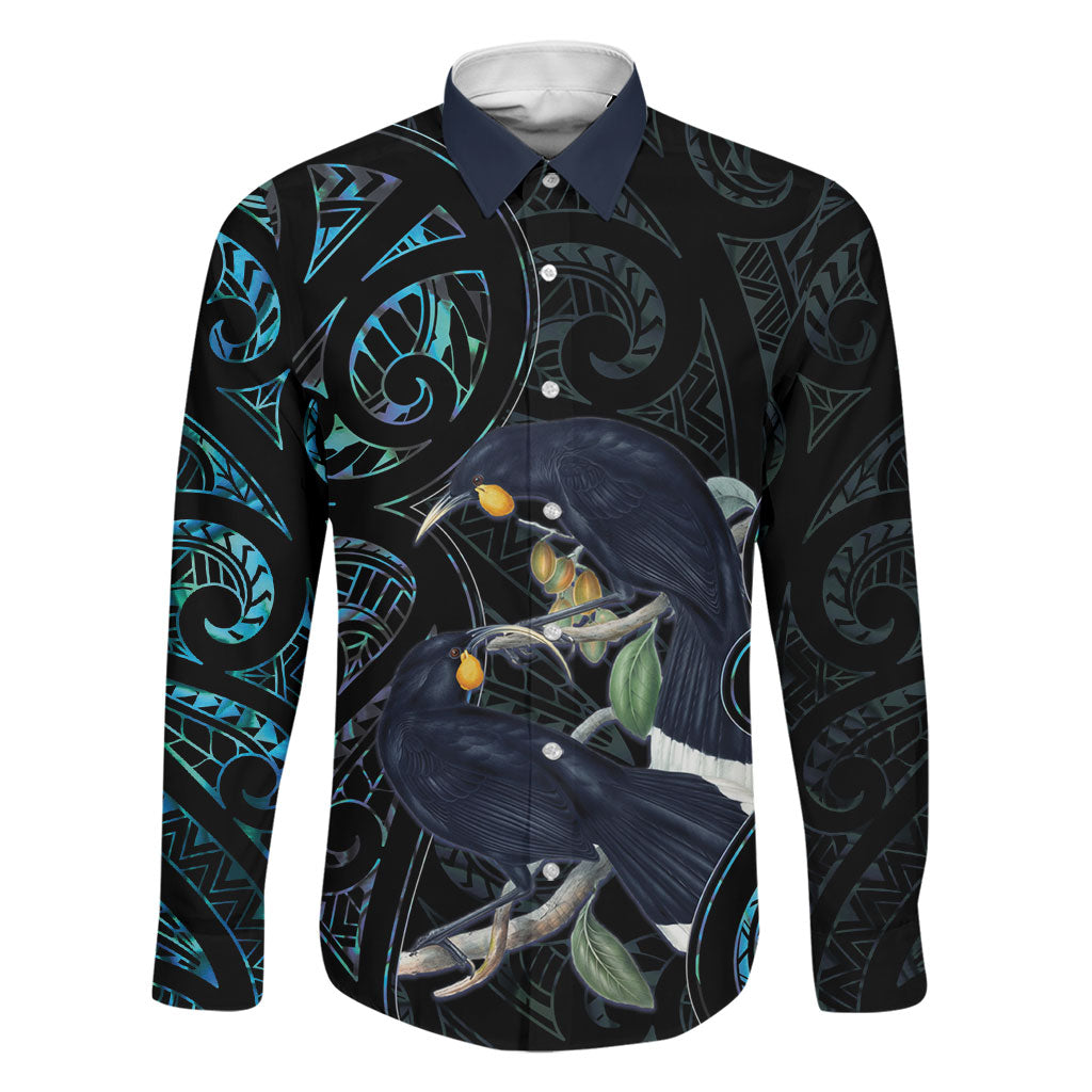 New Zealand Huia Bird Family Matching Short Sleeve Bodycon Dress and Hawaiian Shirt Paua Shell Maori Pattern LT22 Dad's Shirt - Long Sleeve Black - Polynesian Pride