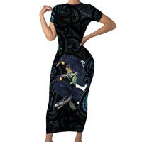 New Zealand Huia Bird Family Matching Short Sleeve Bodycon Dress and Hawaiian Shirt Paua Shell Maori Pattern LT22 Mom's Dress Black - Polynesian Pride
