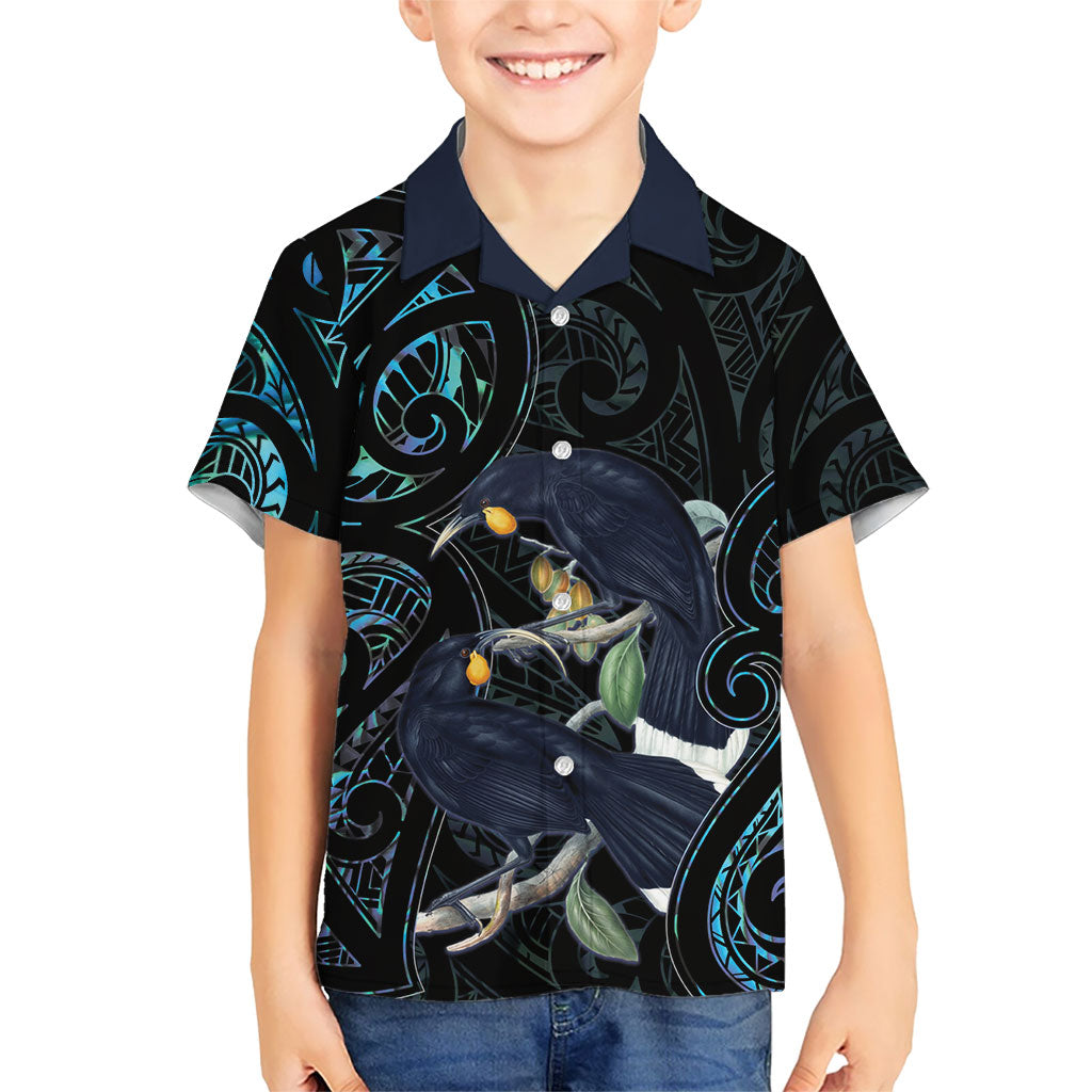New Zealand Huia Bird Family Matching Summer Maxi Dress and Hawaiian Shirt Paua Shell Maori Pattern LT22 Son's Shirt Black - Polynesian Pride