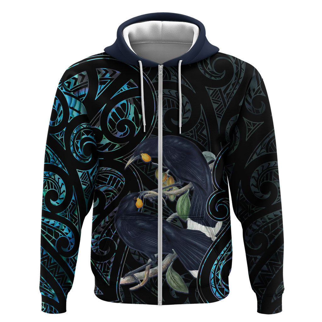 New Zealand Huia Bird Hoodie Paua Shell Maori Pattern
