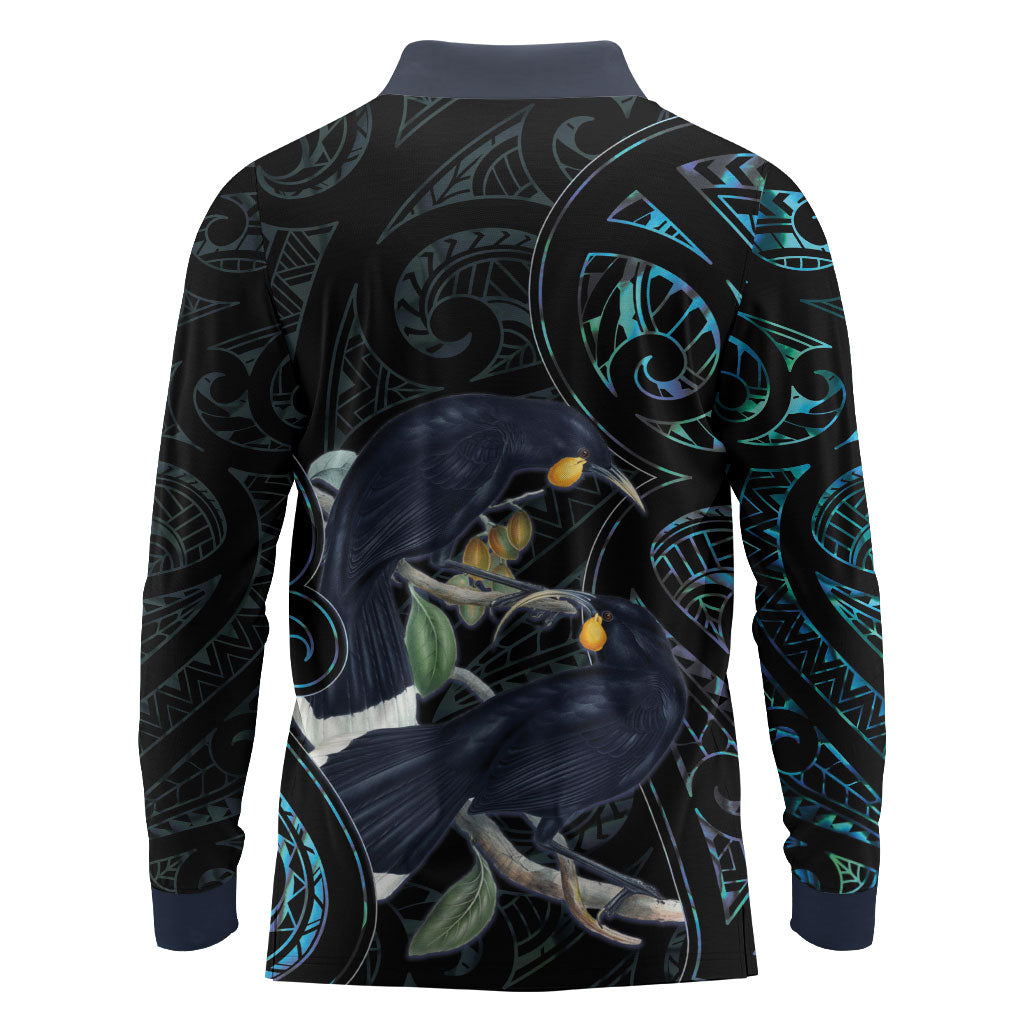 New Zealand Huia Bird Long Sleeve Polo Shirt Paua Shell Maori Pattern