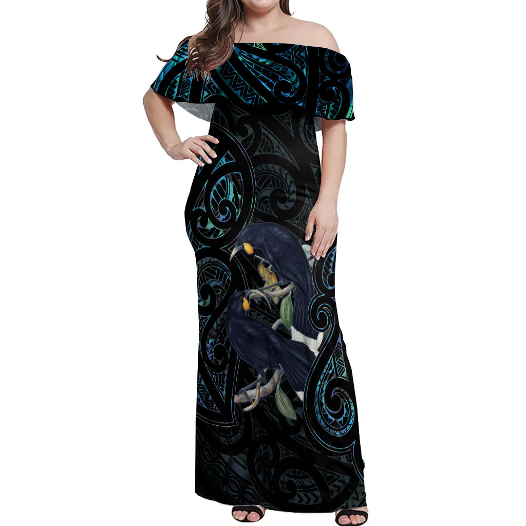 New Zealand Huia Bird Off Shoulder Maxi Dress Paua Shell Maori Pattern LT22 Women Black - Polynesian Pride