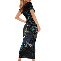 New Zealand Huia Bird Short Sleeve Bodycon Dress Paua Shell Maori Pattern
