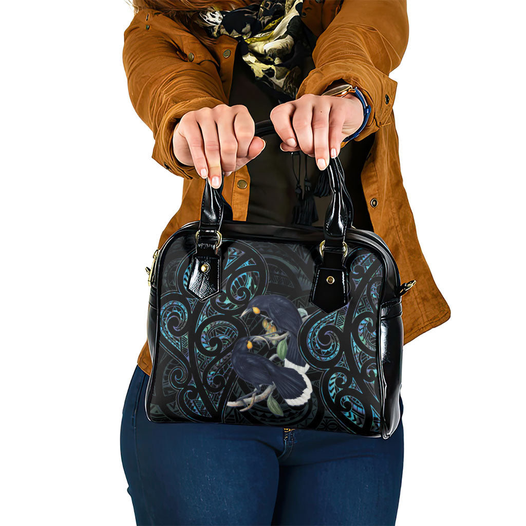 New Zealand Huia Bird Shoulder Handbag Paua Shell Maori Pattern LT22 One Size Black - Polynesian Pride