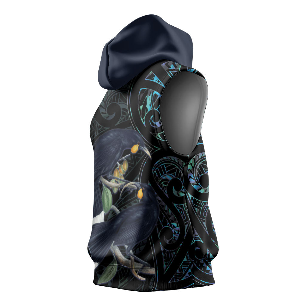 New Zealand Huia Bird Sleeveless Hoodie Paua Shell Maori Pattern LT22 - Polynesian Pride