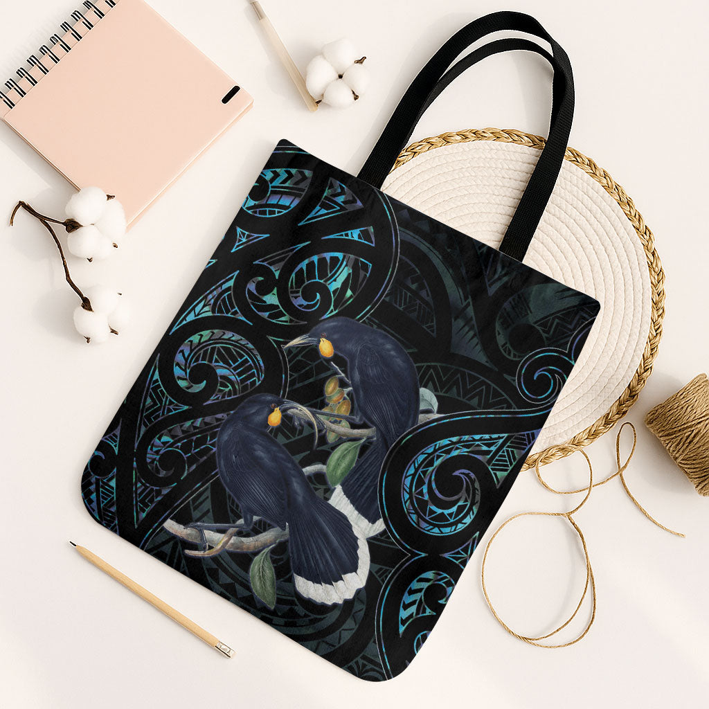 New Zealand Huia Bird Tote Bag Paua Shell Maori Pattern LT22 Black Strap One Size Black - Polynesian Pride