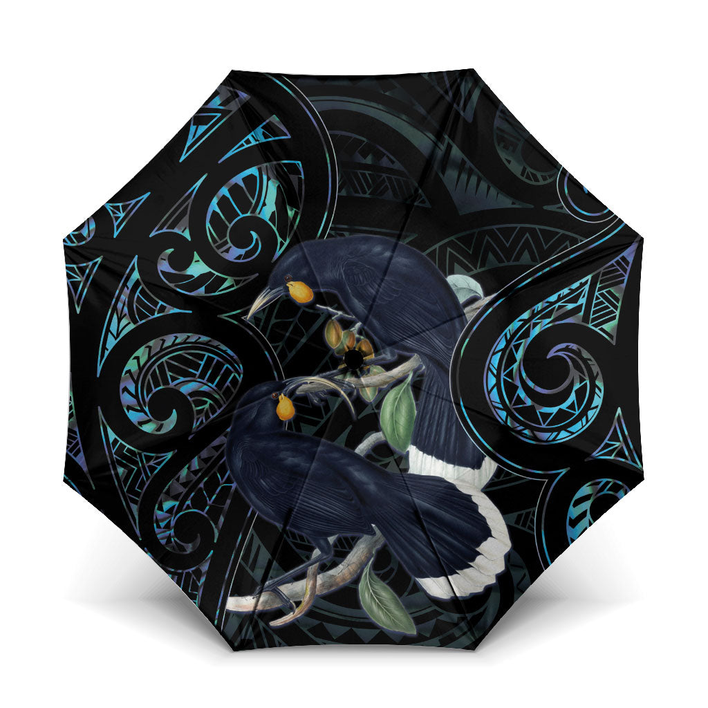New Zealand Huia Bird Umbrella Paua Shell Maori Pattern LT22 One Size Folded 11.42 inch Opened Diameter 37.4 inch Black - Polynesian Pride