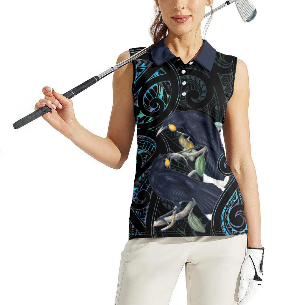 New Zealand Huia Bird Women Sleeveless Polo Shirt Paua Shell Maori Pattern LT22 - Polynesian Pride