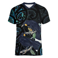 New Zealand Huia Bird Women V-Neck T-Shirt Paua Shell Maori Pattern LT22 Female Black - Polynesian Pride