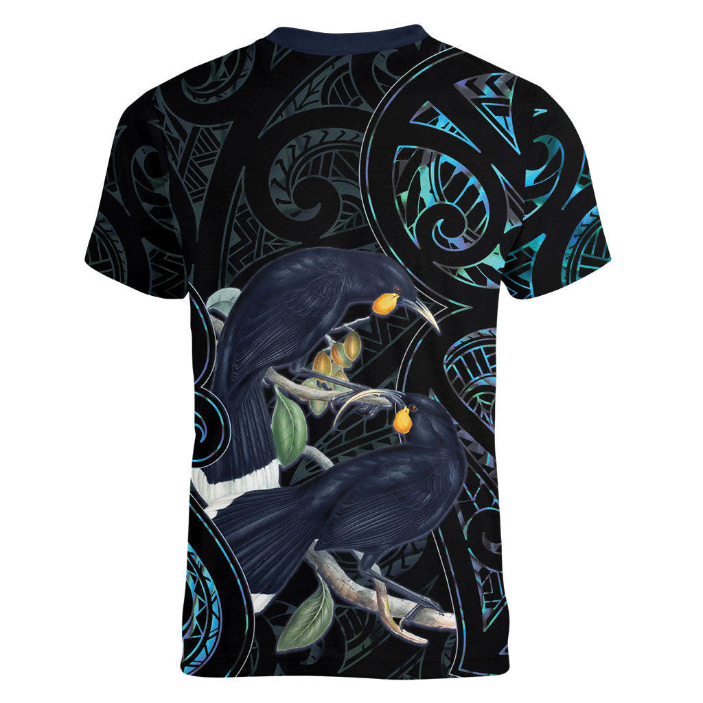 New Zealand Huia Bird Women V-Neck T-Shirt Paua Shell Maori Pattern LT22 - Polynesian Pride