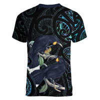 New Zealand Huia Bird Women V-Neck T-Shirt Paua Shell Maori Pattern LT22 - Polynesian Pride