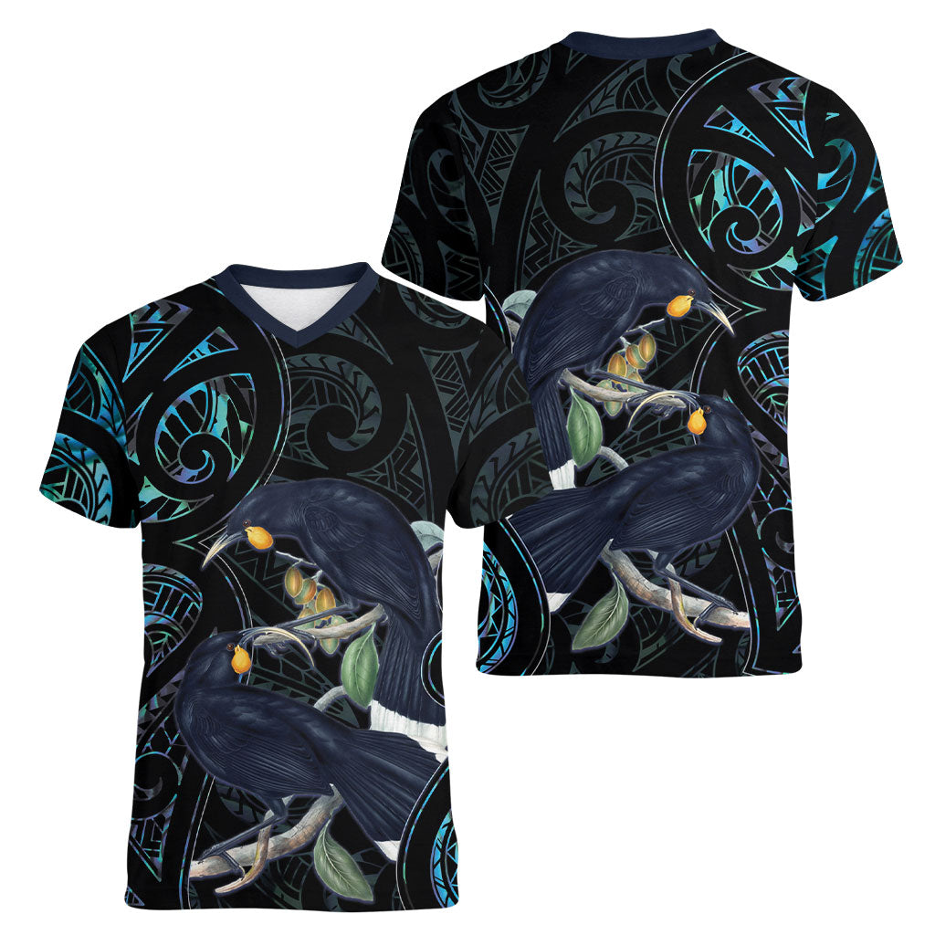 New Zealand Huia Bird Women V-Neck T-Shirt Paua Shell Maori Pattern LT22 - Polynesian Pride