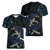 New Zealand Huia Bird Women V-Neck T-Shirt Paua Shell Maori Pattern LT22 - Polynesian Pride