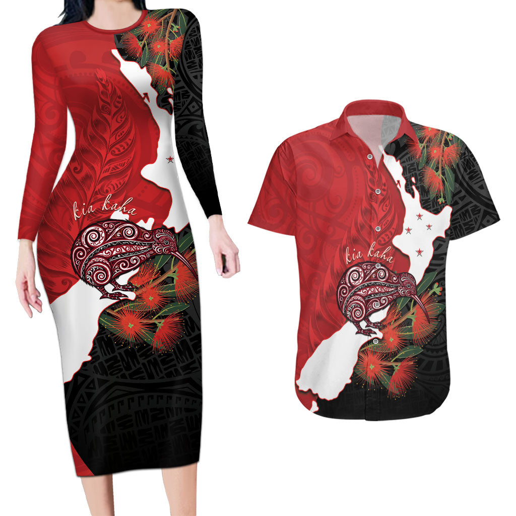 Kiwi New Zealand Personalised Couples Matching Long Sleeve Bodycon Dress and Hawaiian Shirt NZ Map Pohutukawa Fern Maori Pattern LT22 Red - Polynesian Pride