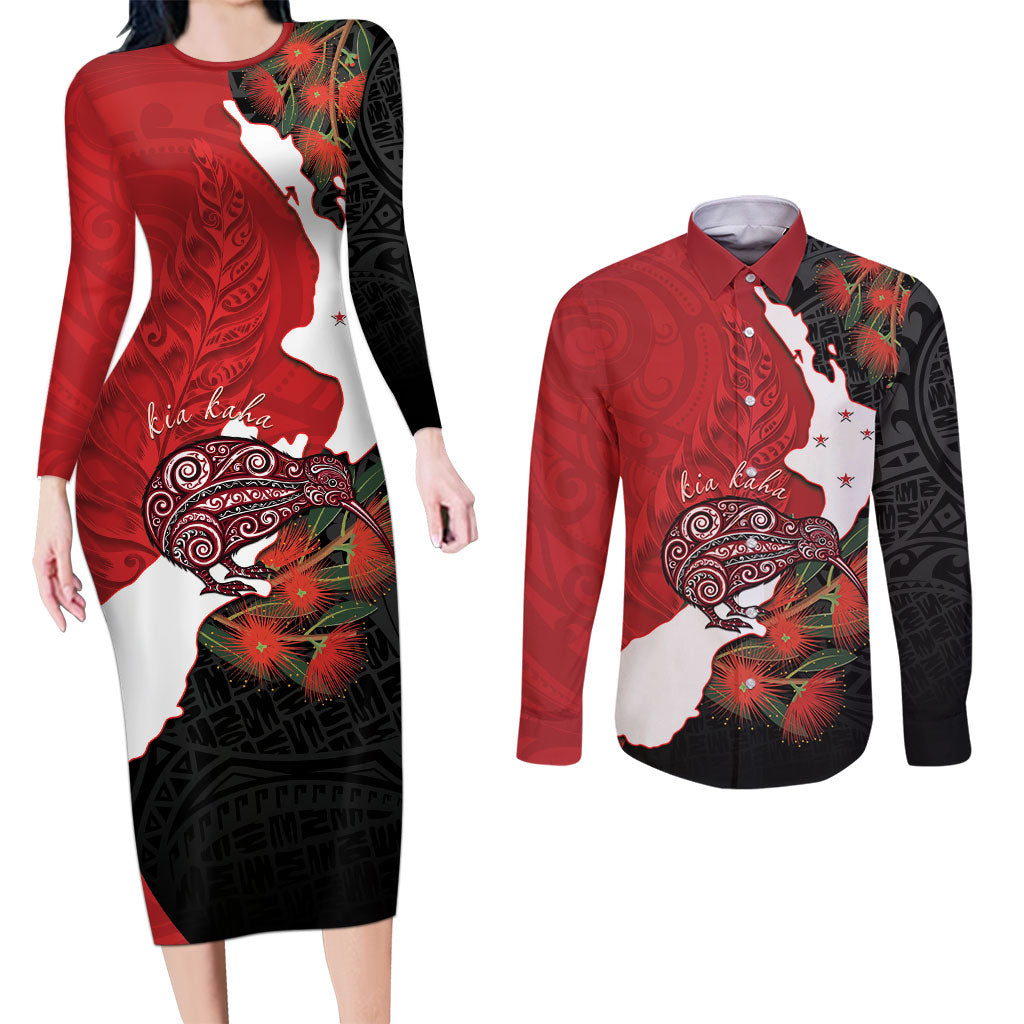 Kiwi New Zealand Personalised Couples Matching Long Sleeve Bodycon Dress and Long Sleeve Button Shirt NZ Map Pohutukawa Fern Maori Pattern LT22 Red - Polynesian Pride