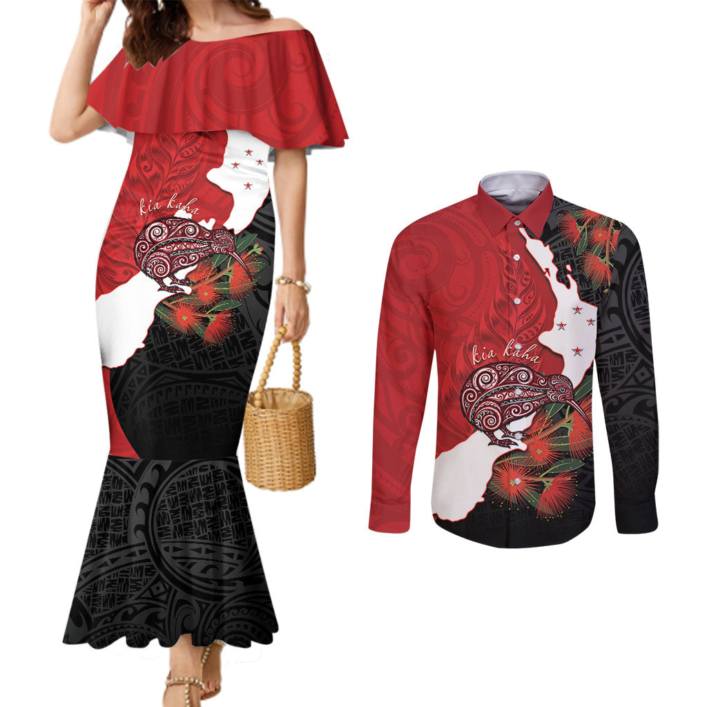 Kiwi New Zealand Personalised Couples Matching Mermaid Dress and Long Sleeve Button Shirt NZ Map Pohutukawa Fern Maori Pattern