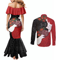 Kiwi New Zealand Personalised Couples Matching Mermaid Dress and Long Sleeve Button Shirt NZ Map Pohutukawa Fern Maori Pattern
