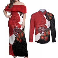 Kiwi New Zealand Personalised Couples Matching Off Shoulder Maxi Dress and Long Sleeve Button Shirt NZ Map Pohutukawa Fern Maori Pattern LT22 Red - Polynesian Pride