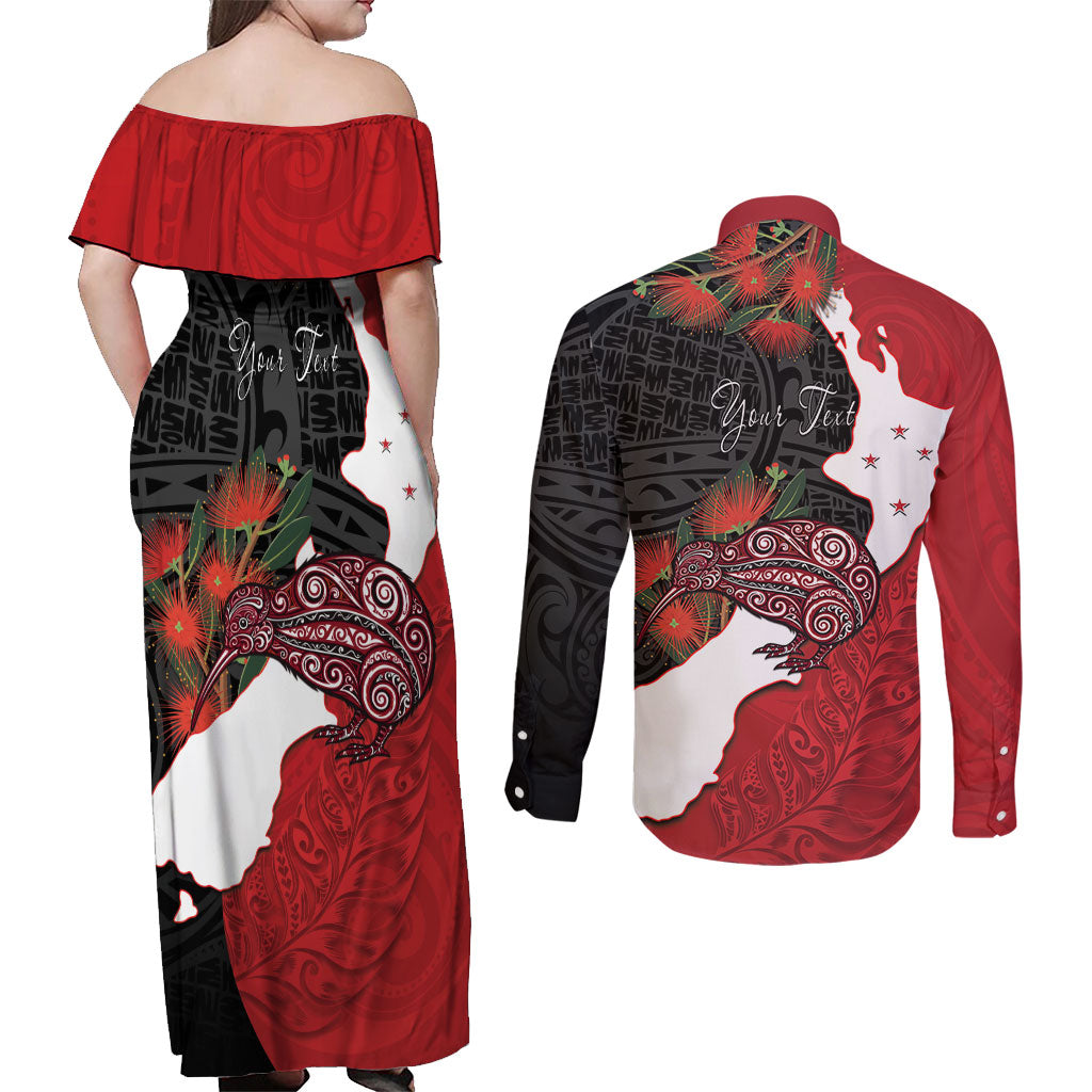 Kiwi New Zealand Personalised Couples Matching Off Shoulder Maxi Dress and Long Sleeve Button Shirt NZ Map Pohutukawa Fern Maori Pattern LT22 - Polynesian Pride